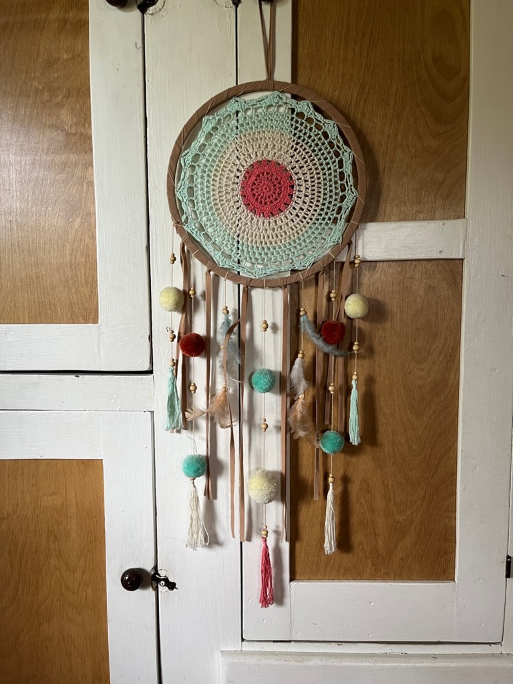 Handmade Crochet Dreamcatcher Wall Hanging - Mint, Coral & Cream